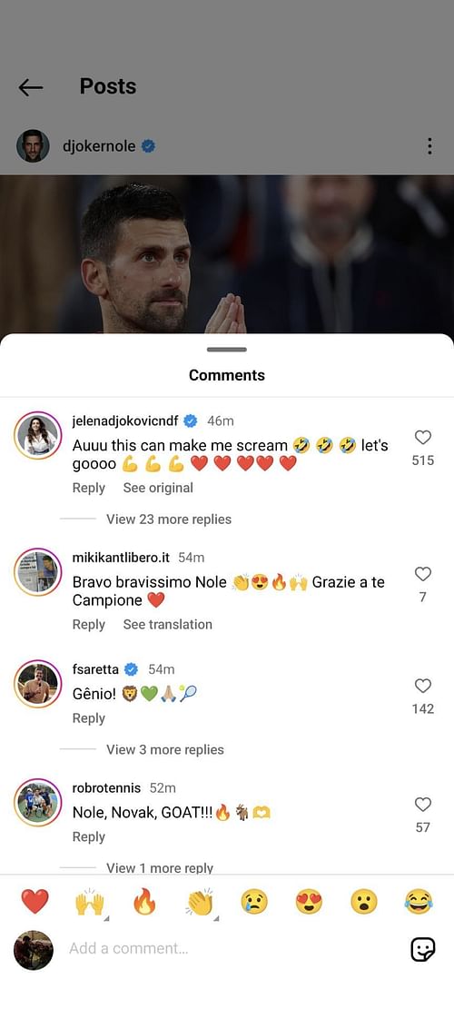 Novak Djokovic's wife Jelena's comment on the Serb's Instagram post celebrating his French Open win against Lorenzo Musetti (Source: Instagram/Novak Djokovic)