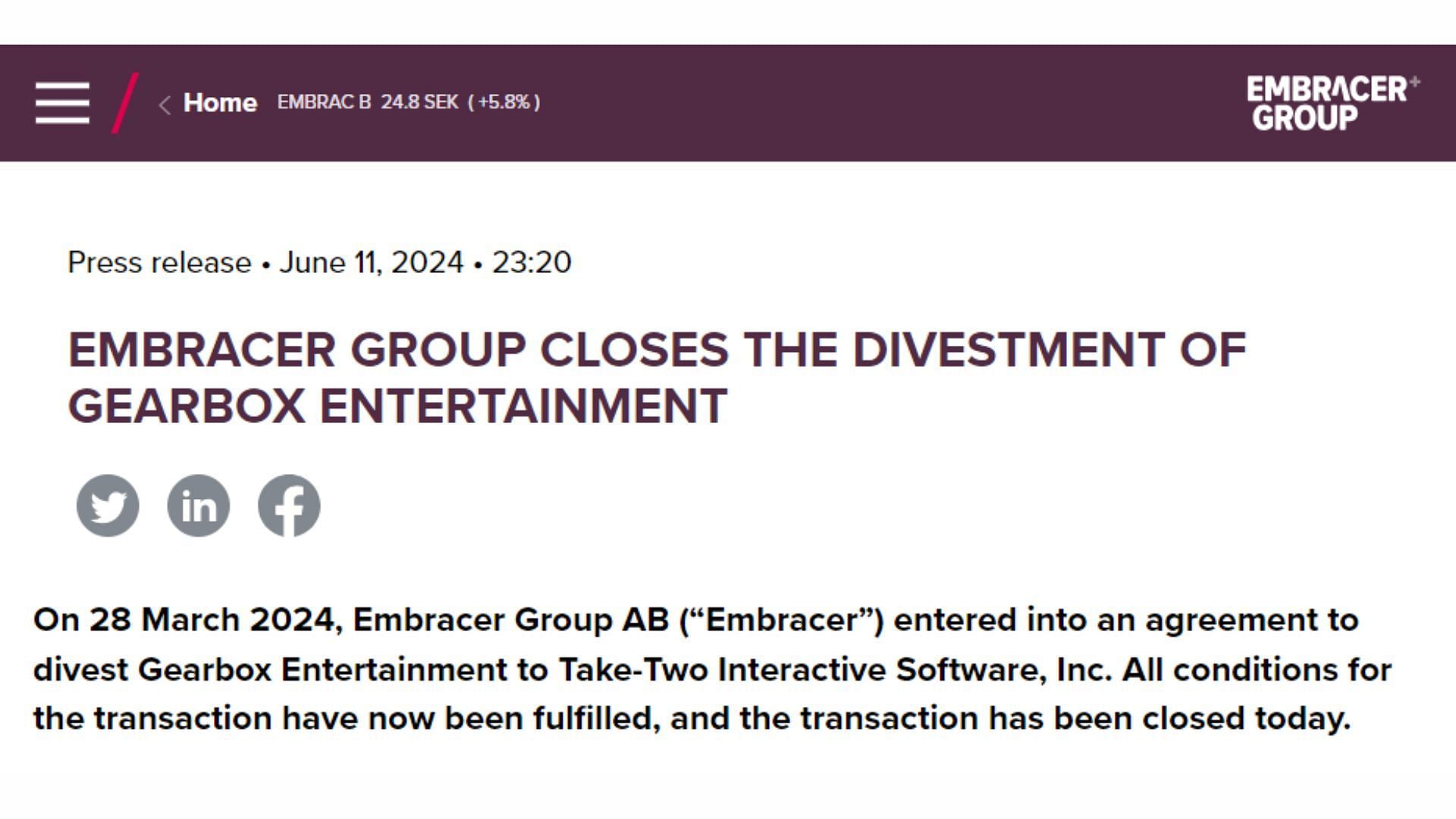 A screenshot of the official Newswire published by Embracer Group AB (Image via Embracer Group AB)