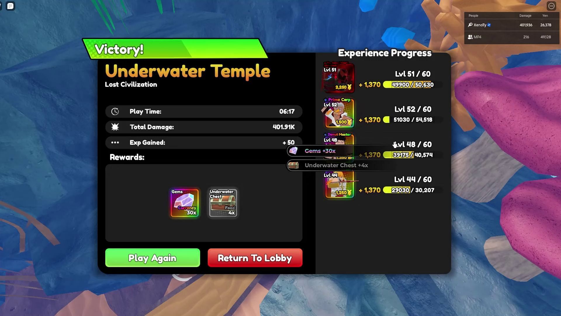 XP rewards upon stage completion (Image via Roblox || XenoTy on YouTube)