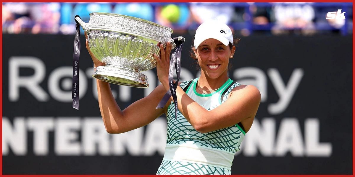 Madison Keys with the Eastbourne 2023 trophy.