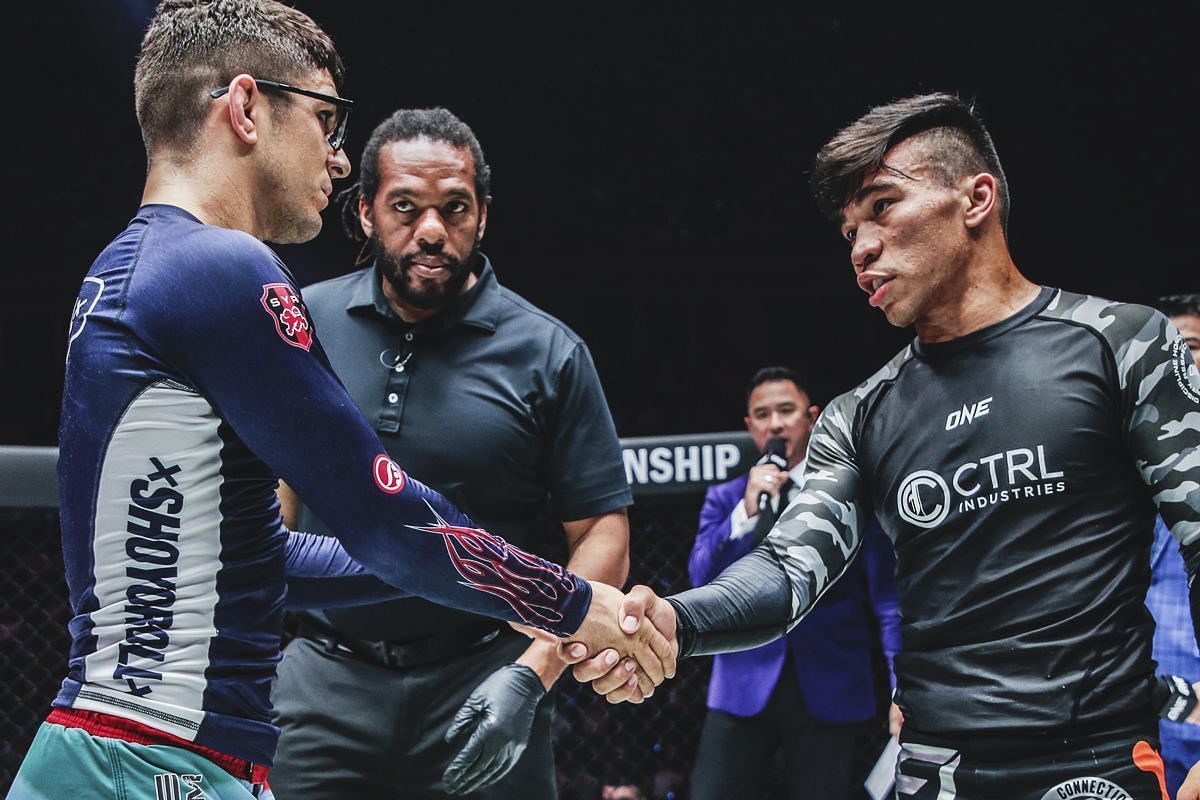 Mikey Musumeci and Gabriel Sousa shaking hands before their fight  | Image credit: ONE Championship