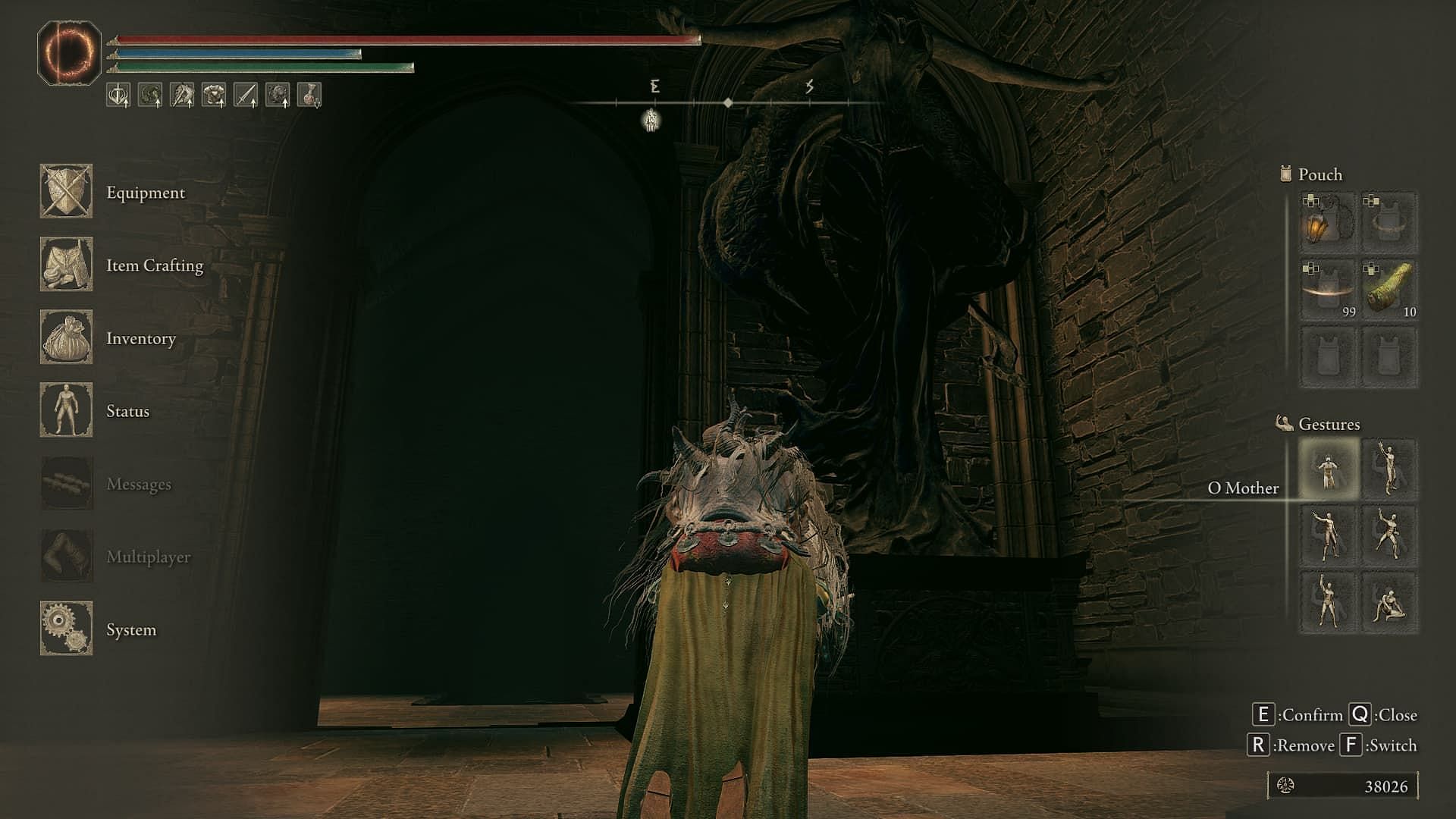 Using the O Mother gesture to open the door to the Scaduview region (Image via FromSoftware)