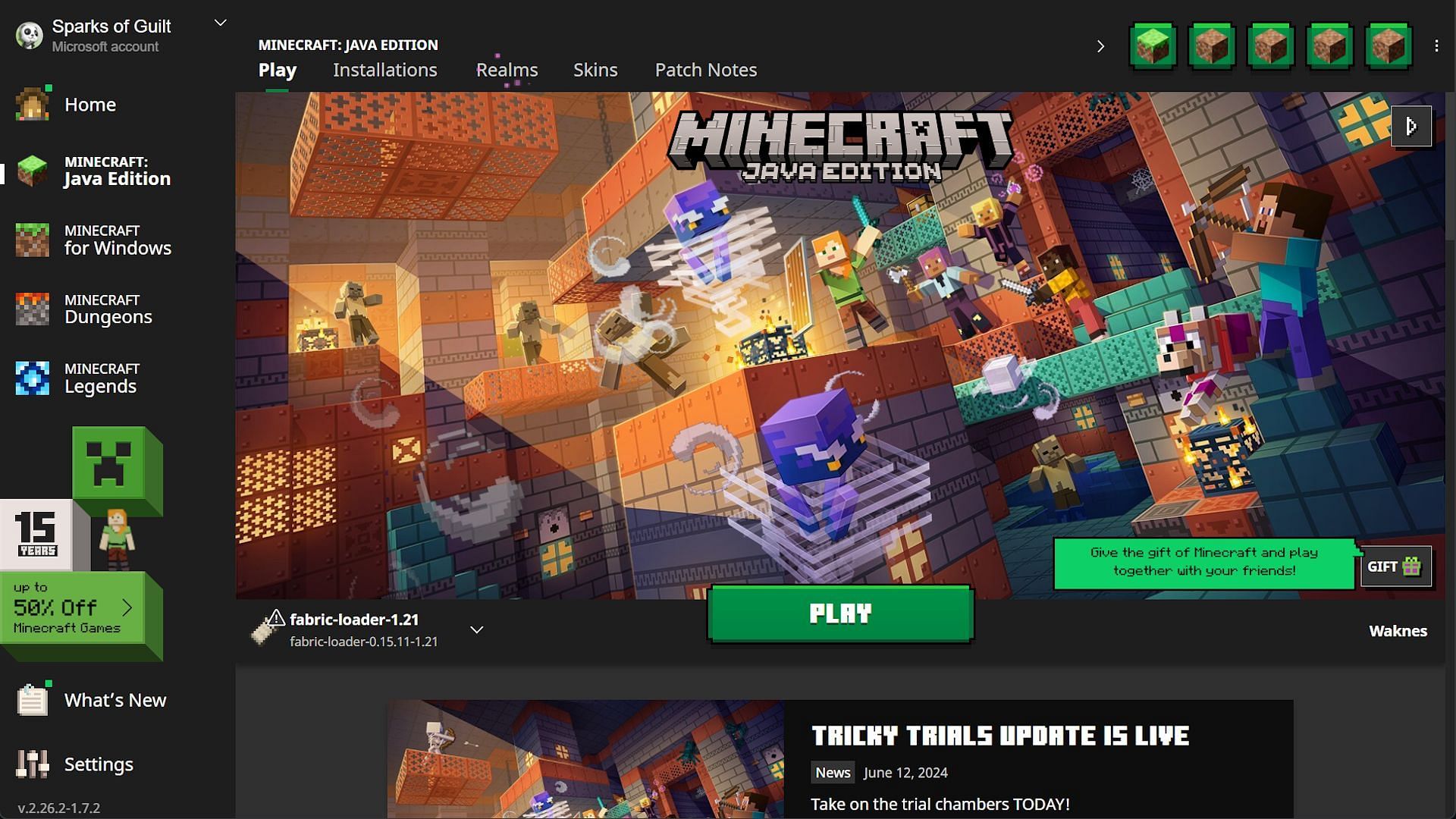 The game&#039;s official launcher with a 1.21 Fabric profile (Image via Mojang)