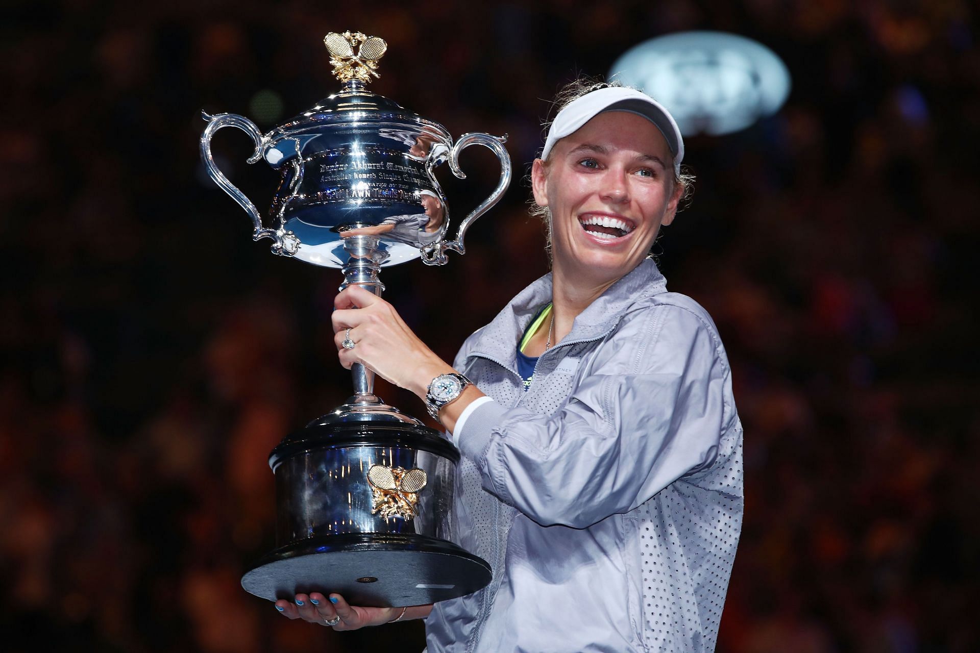 Caroline Wozniacki poses with the 2018 Australian Open trophy