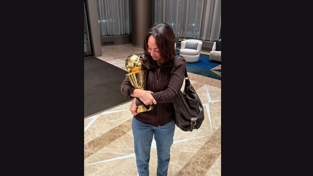 Kysre holding Jaylen&#039;s NBA Finals MVP award (image via Brown&#039;s Instagram)