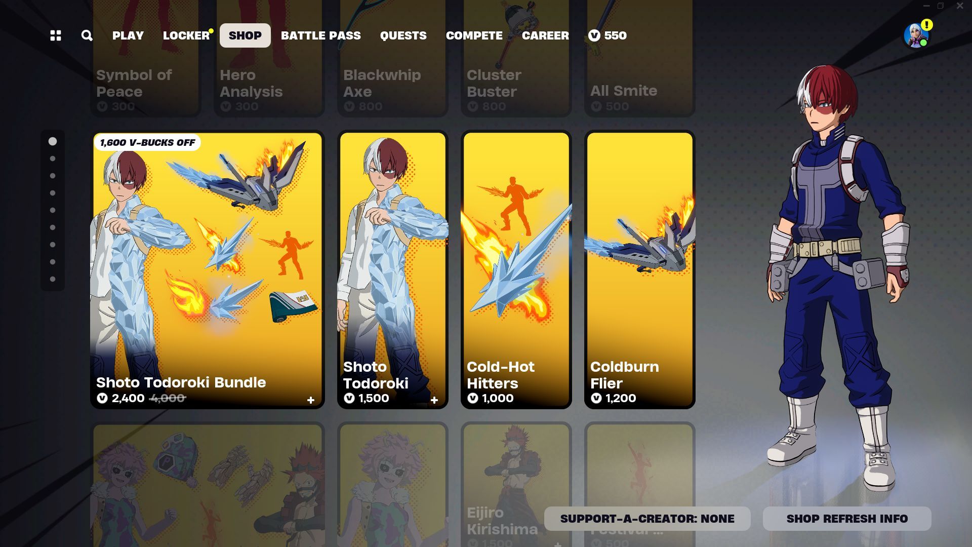 Shoto Todoroki (My Hero Academia) skin in Fortnite is currently listed in the Item Shop (Image via Epic Games)