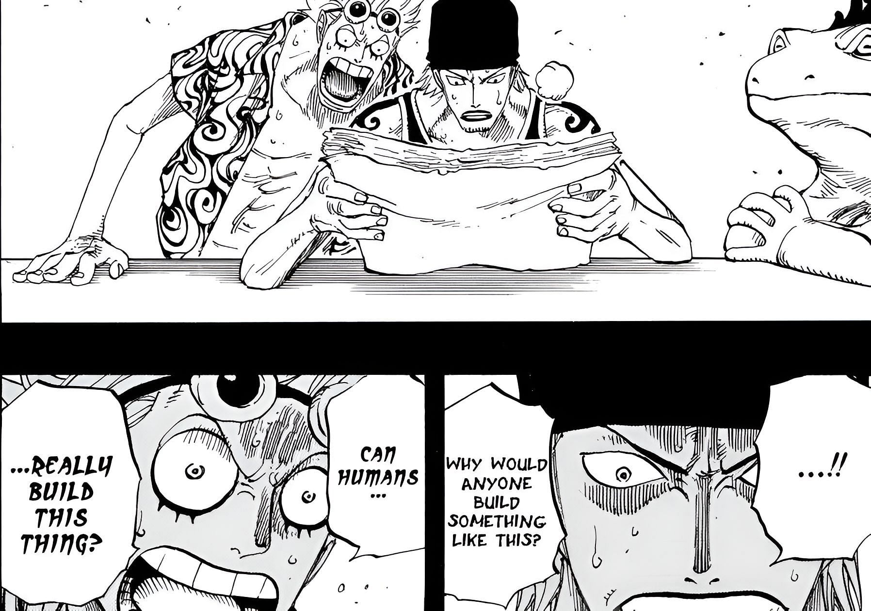 The reaction of Franky and Iceberg on the blueprints of Pluton (Image via Shueisha)