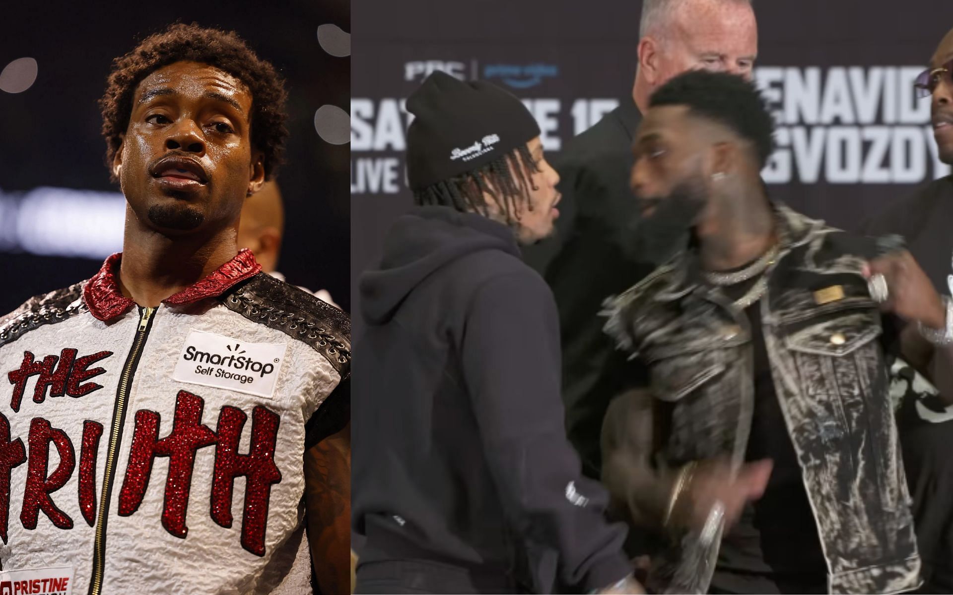 Errol Spence Jr. (left) discusses Gervonta Davis making Frank Martin flinch during face-offs (right) ahead of June 15 [Images courtesy: Getty Images and @premierboxing on Instagram]