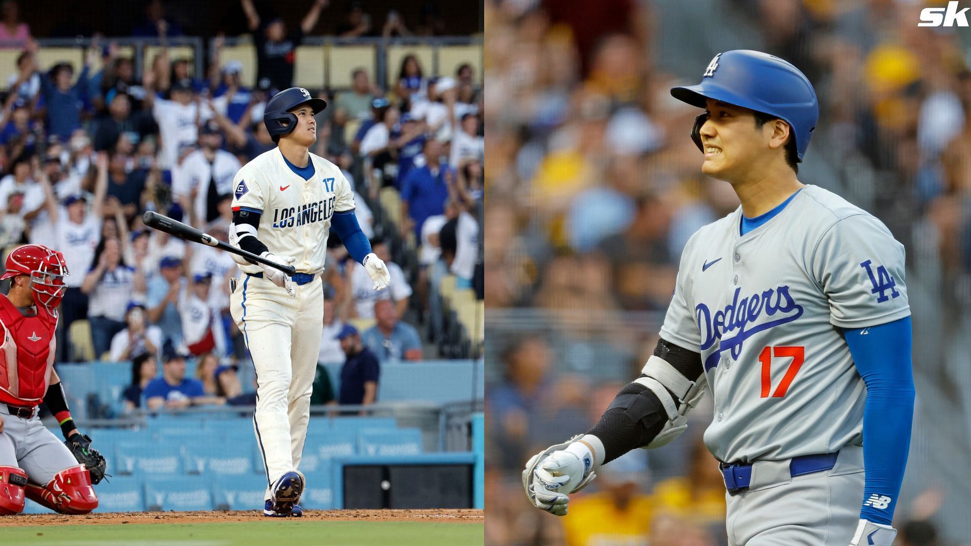 Designated hitter Shohei Ohtani of the Los Angeles Dodgers hits a two run homer against the Los Angeles Angels at Dodger Stadium