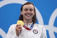 Katie Ledecky of Team United States poses during the Women’s 800m Freestyle Final medal ceremony at Tokyo Aquatics Centre in Tokyo, Japan.
