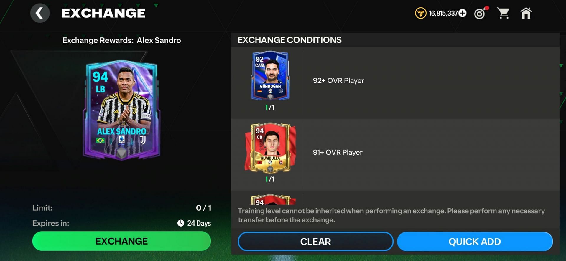 FC Mobile End of an Era Alex Sandro Exchange requirements (Image via EA Sports)
