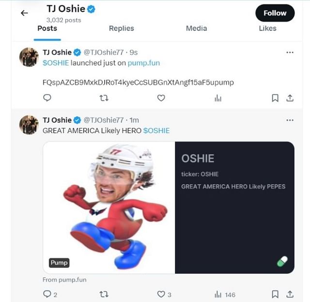 T.J. Oshie's X account likely hacked, promoting new crypto scam