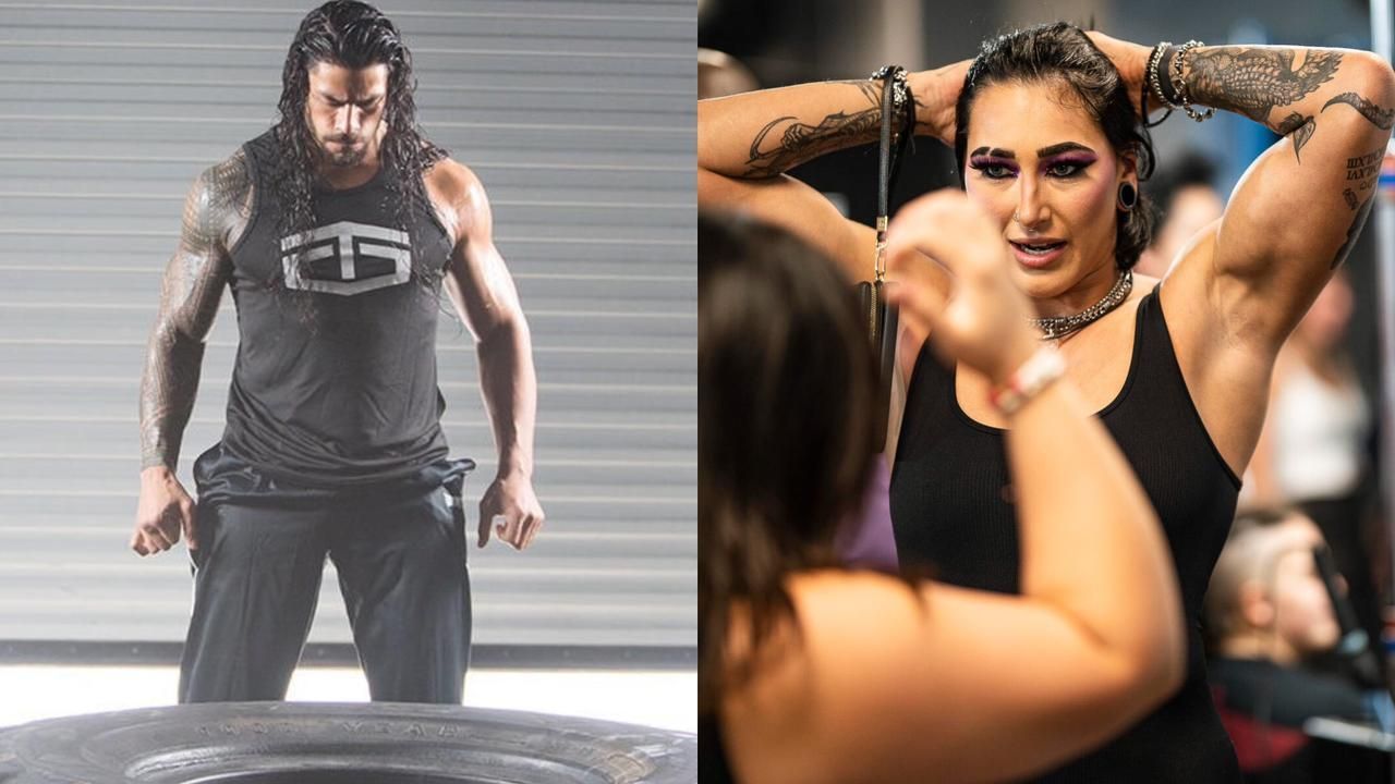 Roman Reigns (left); Rhea Ripley (right)