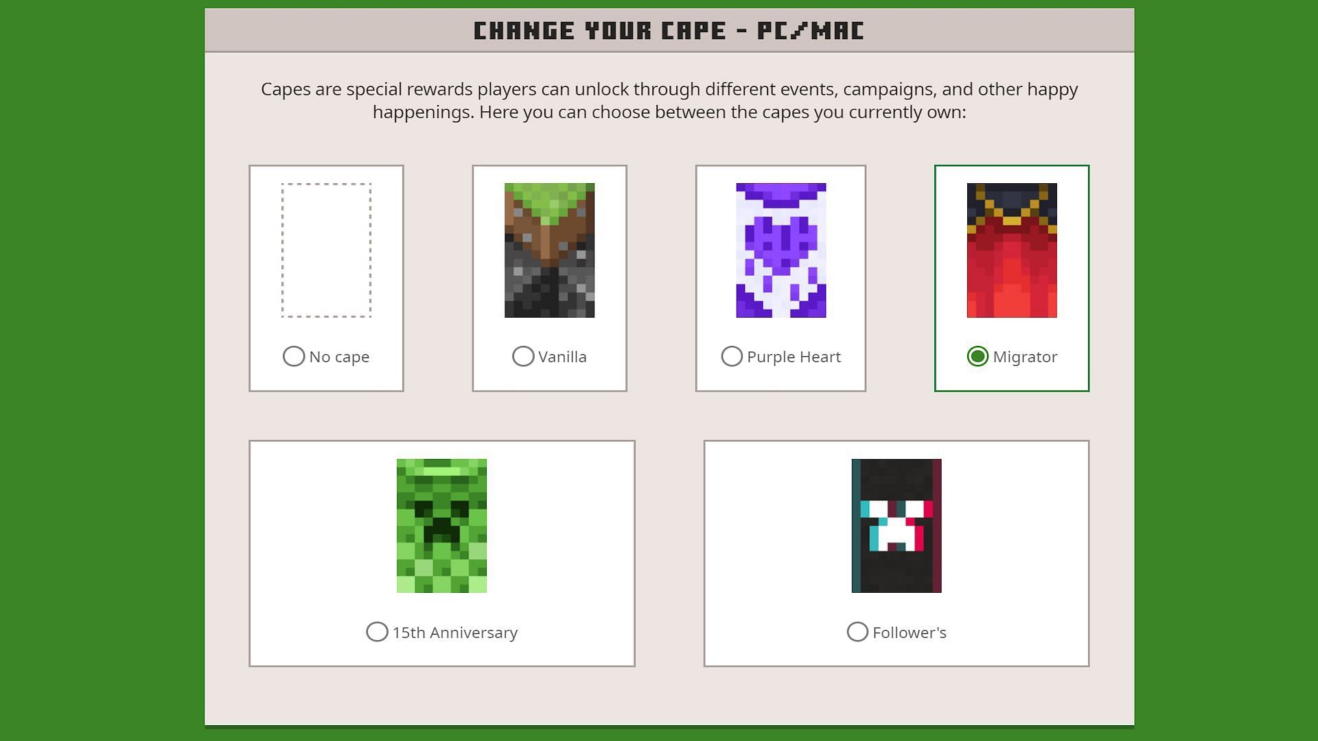 The list of capes available to a Java player (Image via Mojang)