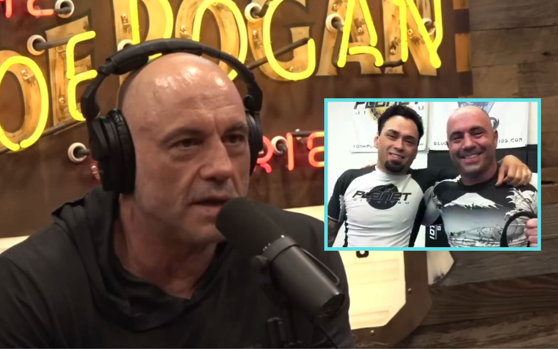 Joe Rogan (left) speaks on the physical effect jiu-jitsu (right) has had on his life. [Images courtesy: PowerfulJRE on YouTube and @lockinjiujitsu on X]