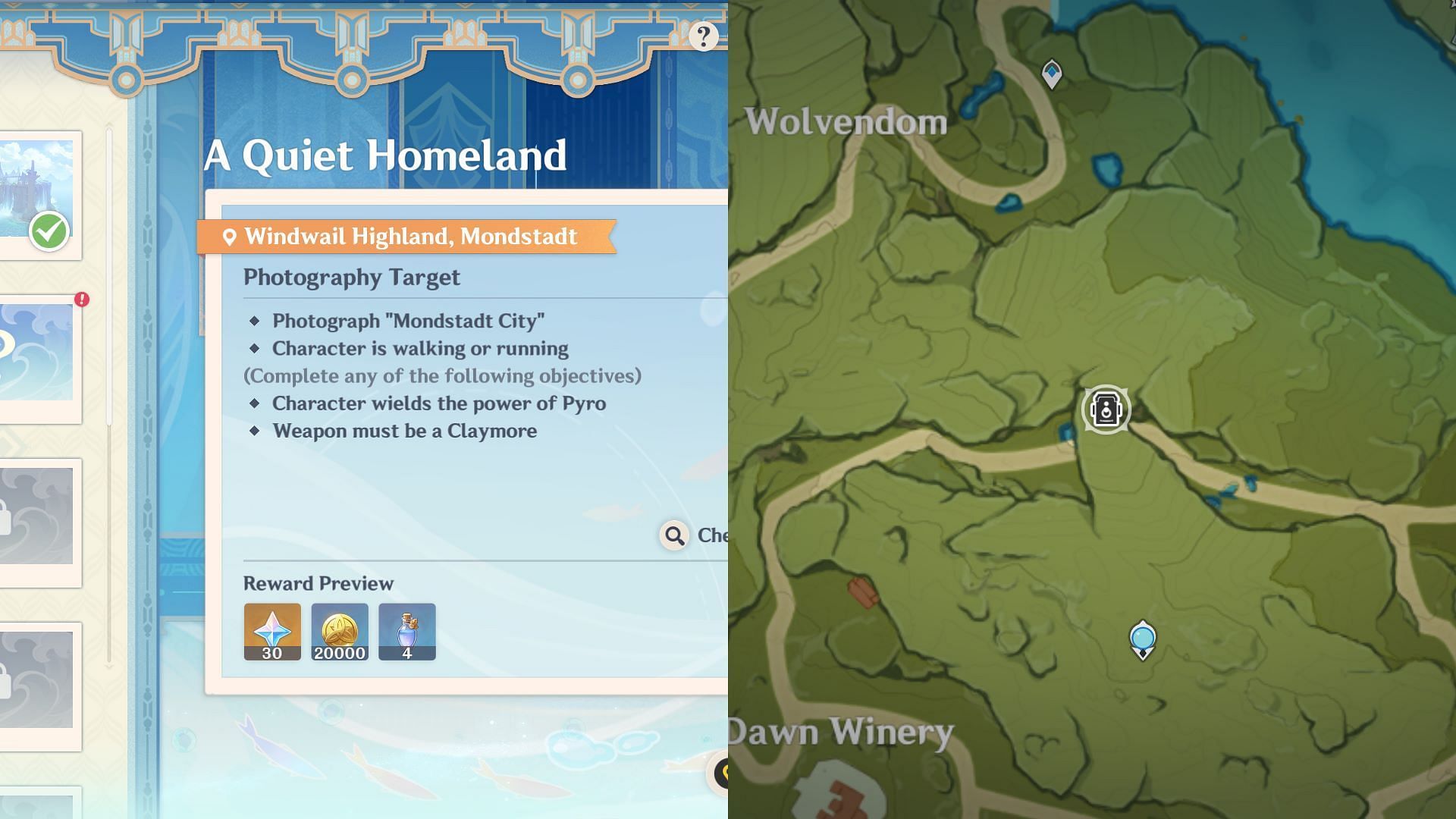 A Quiet Homeland location and rewards (Image via HoYoverse)