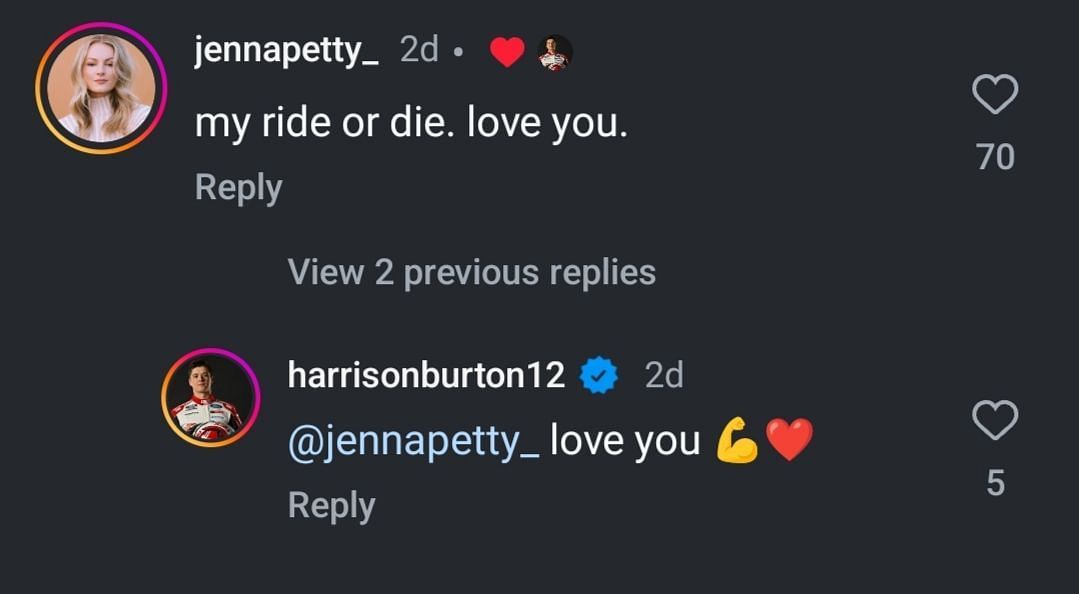 Jenna Petty&#039;s comment on Harrison Burton&#039;s Instagram post (@harrisonburton12)