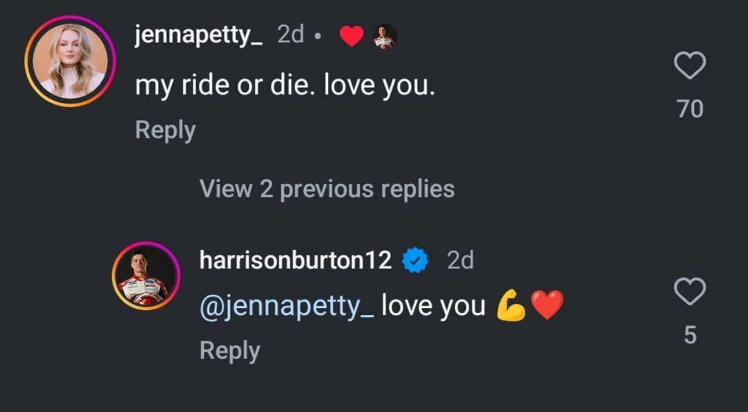 Jenna Petty's comment on Harrison Burton's Instagram post (@harrisonburton12)