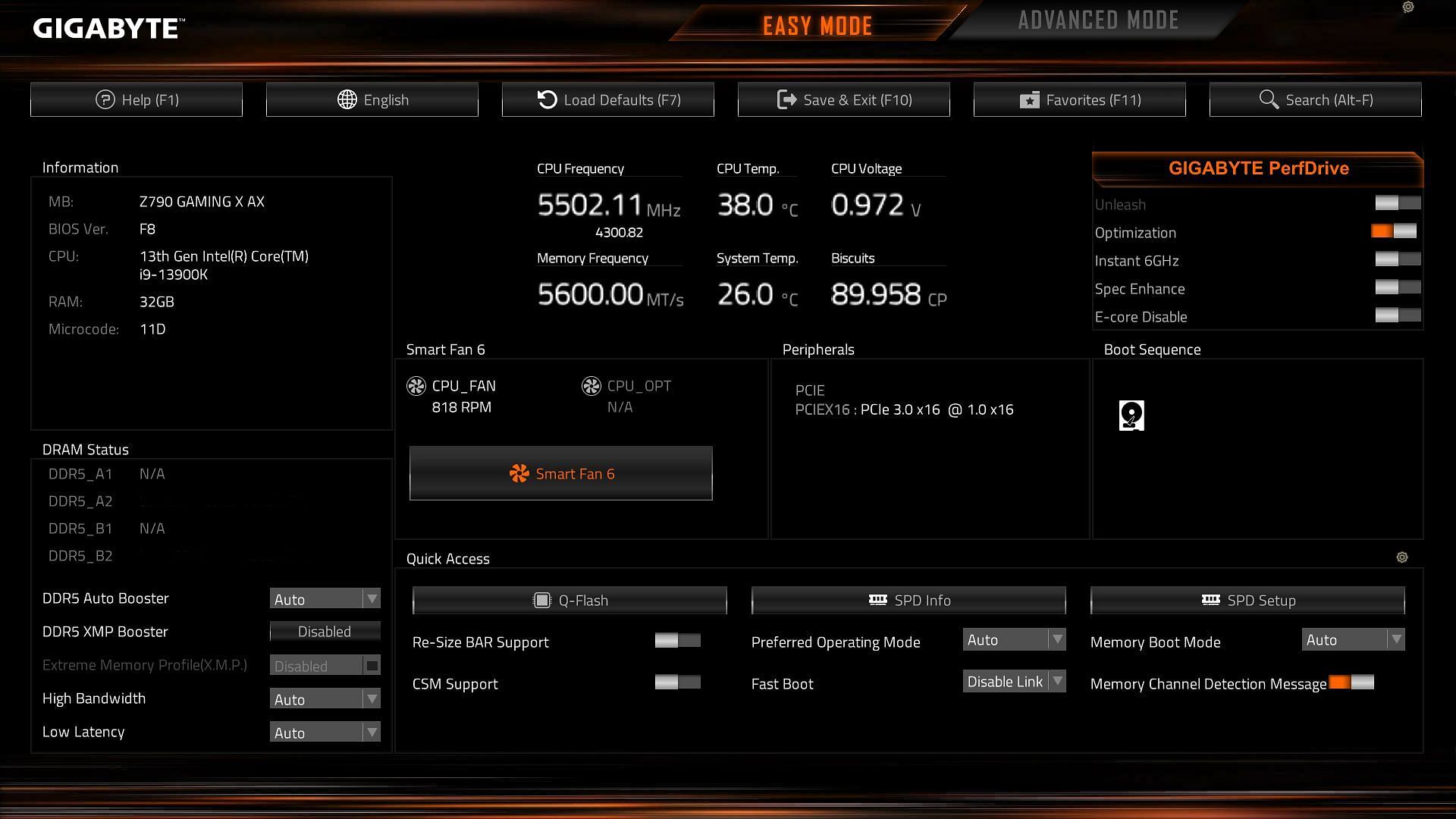 GIGABYTE&#039;s BIOS on the Z790 Gaming motherboard (Image via Gigabyte)