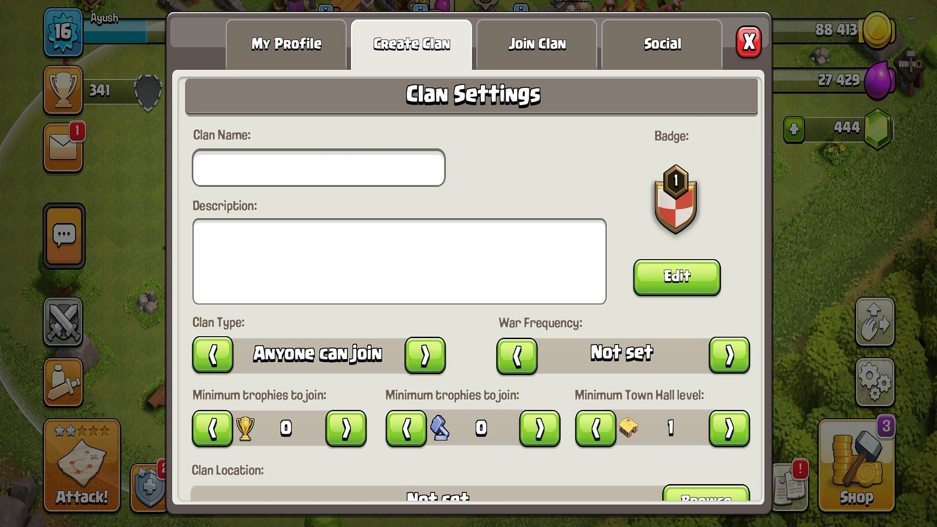 Interface for creating a clan (image via Supercell)