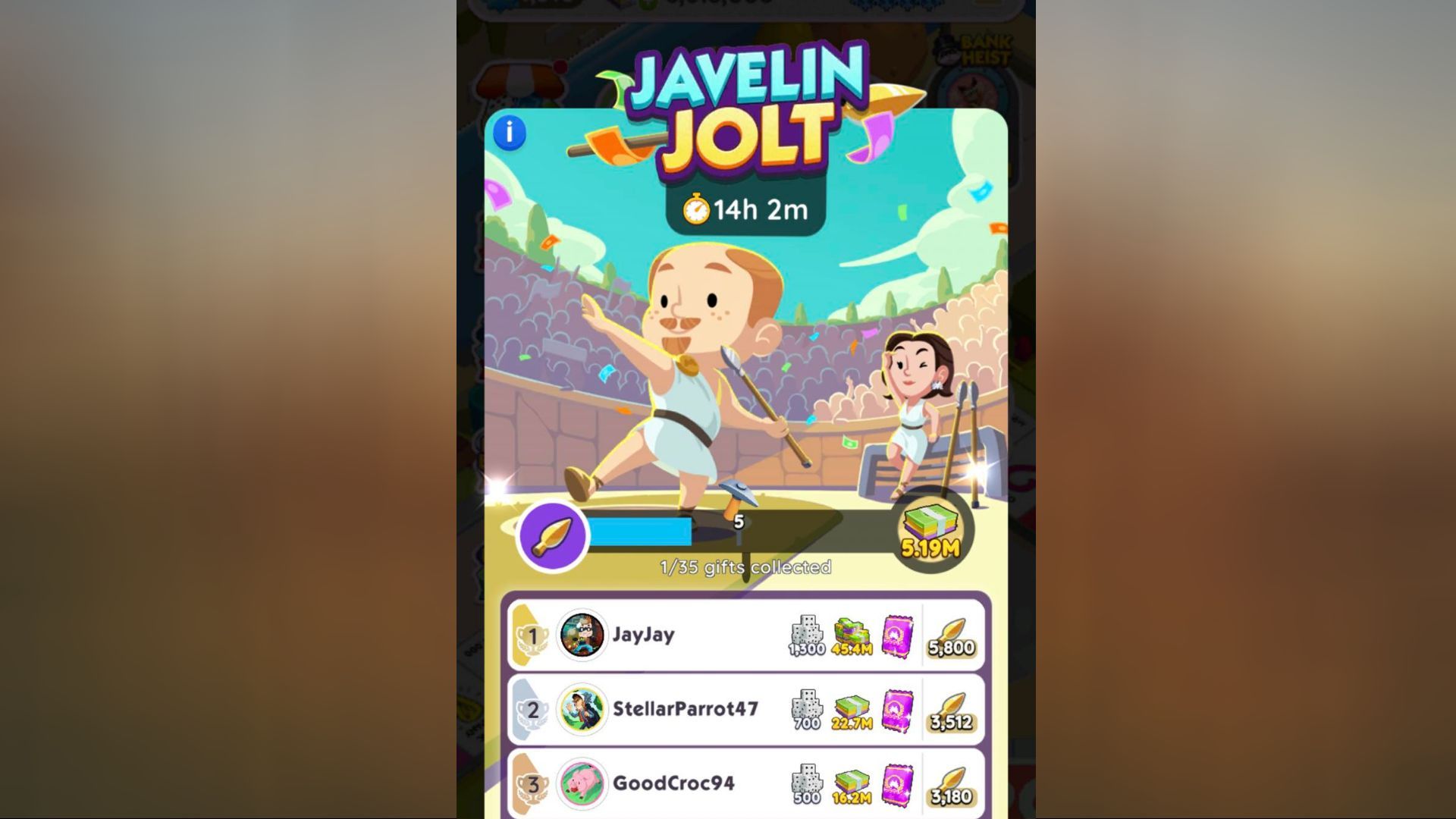 Monopoly Go Javelin Jolt leaderboard rewards (Image via Scopely)