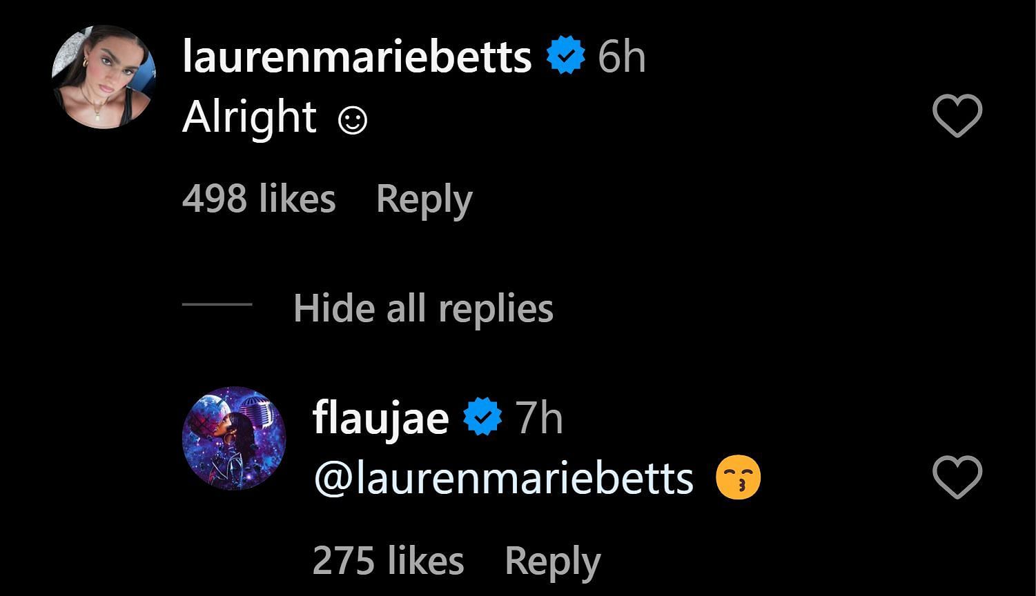 Lauren Betts comments on Flau&#039;jae Johnson&#039;s Instagram post (IG: Flau&#039;jae Johnson)