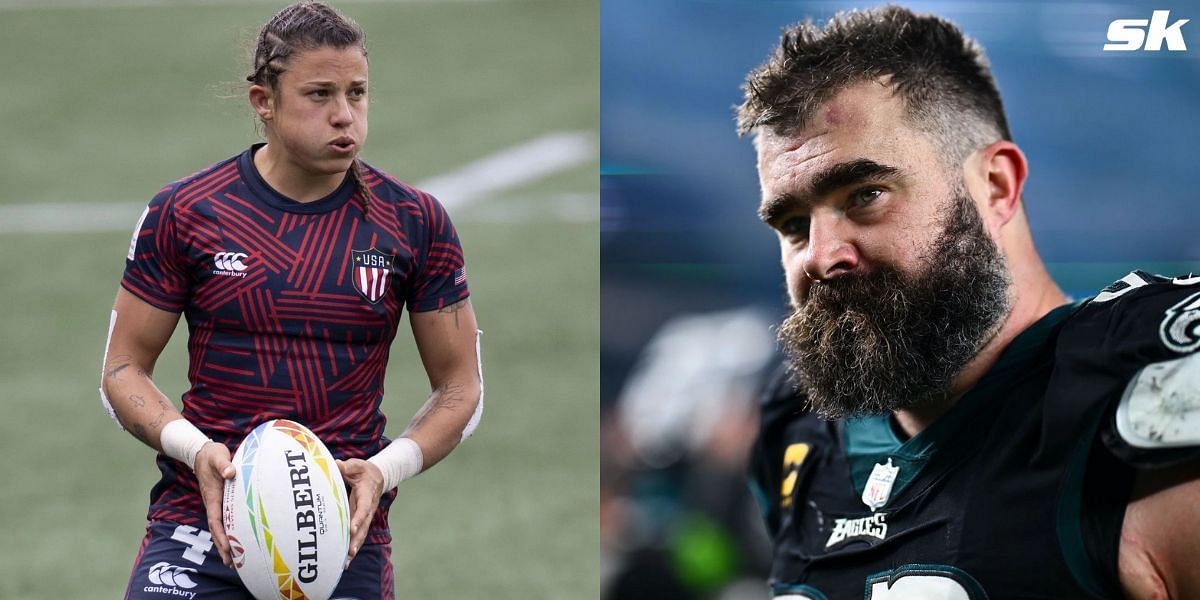 American rugby player Nicole Heavirland faces off Jason Kelce in an arm wrestle during Paris Olympics. (Images by Getty)