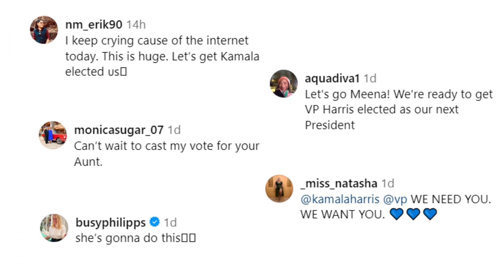 Netizens on Instagram shared the will to elect Kamala as the President of the US (Image via Instagram/@meena)