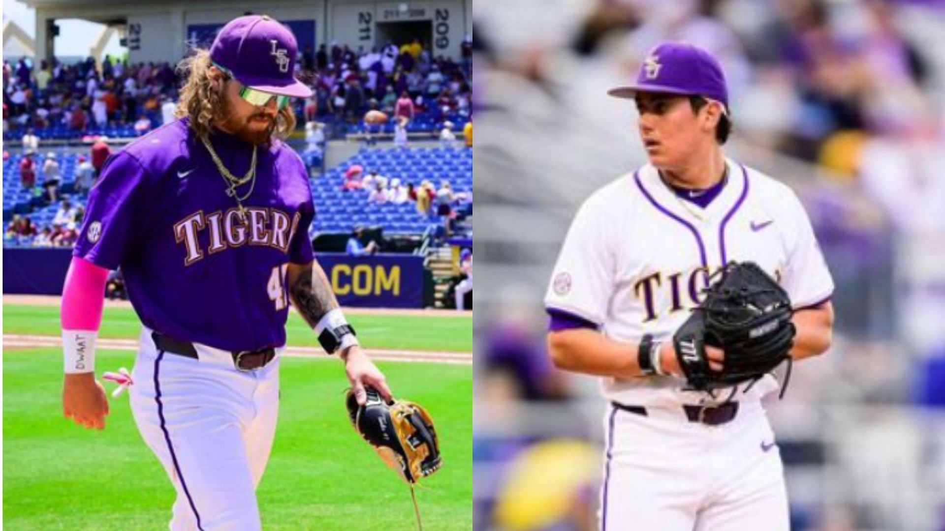 LSU infielder Tommy White (left) and pitcher Gage Jump (right) (Image Sources: Tonny White: https://www.instagram.com/p/C7hhJlhvMRe/?img_index=1; Gage Jump: https://www.instagram.com/p/C4ZTOxCu1WU/?img_index=1)