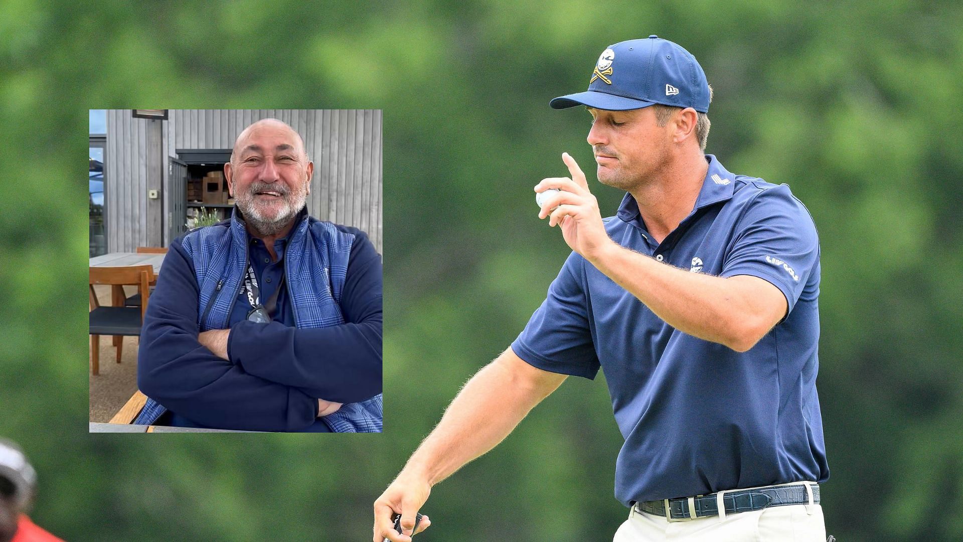 Bryson DeChambeau and Chubby Chandler (Images via Steve Roberts-USA TODAY Sports and @flushingitgolf/X)