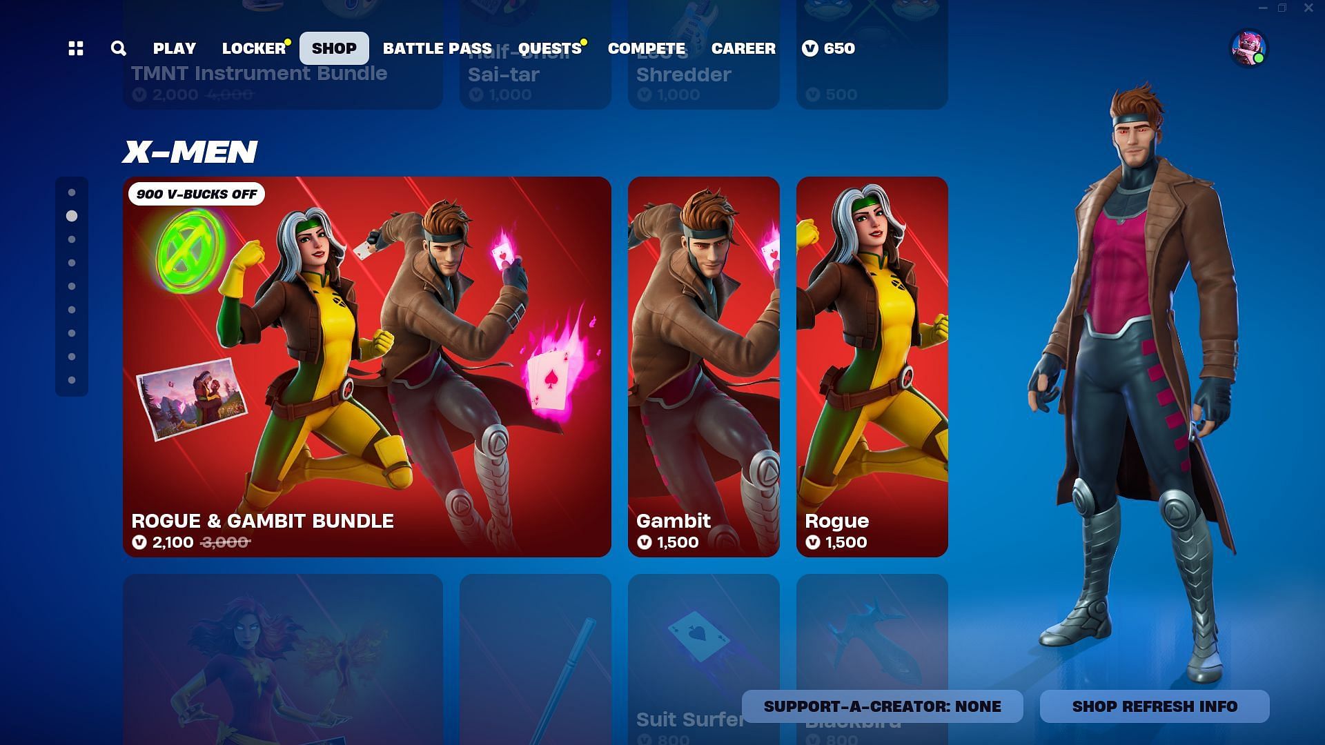 The Rogue and Gambit skins in Fortnite are listed in the Item Shop (Image via Epic Games)