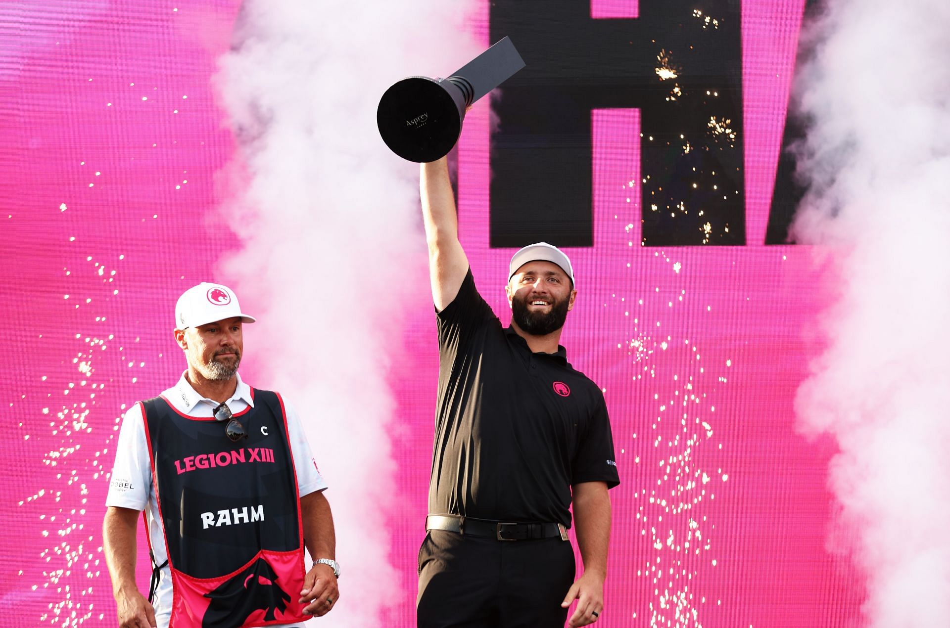 Jon Rahm celebrates after winning the LIV Golf UK (Image via Getty)