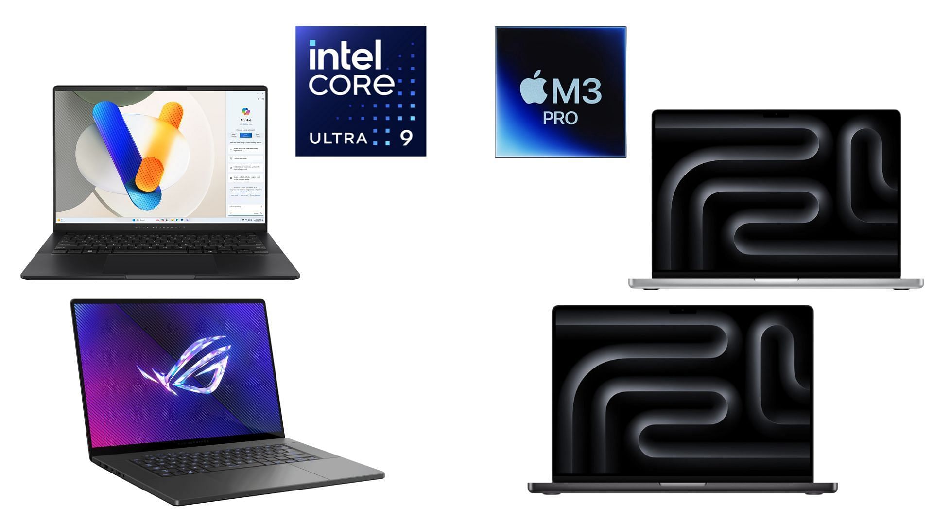 Laptops featuring Ultra 9 and M3 Pro chips (Image via Intel/Apple)