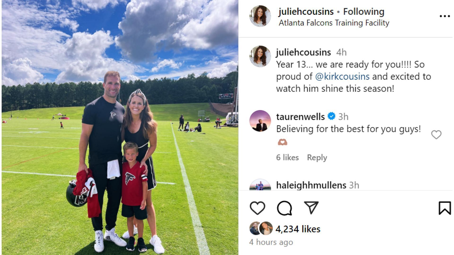 Kirk Cousins and his family pose before the 2024 NFL season begins (Image credit: @juliehcousins)