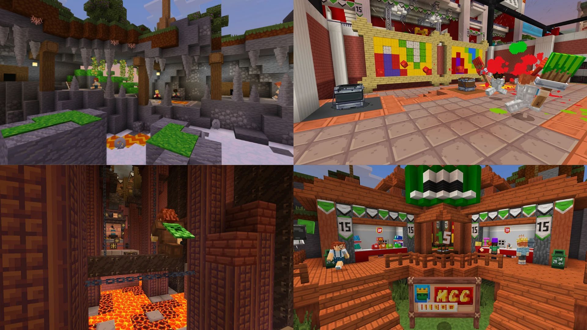 The builds for the shop, Ace Race, Sands of Time, and Grid Runners (Image via Mojang Studios)