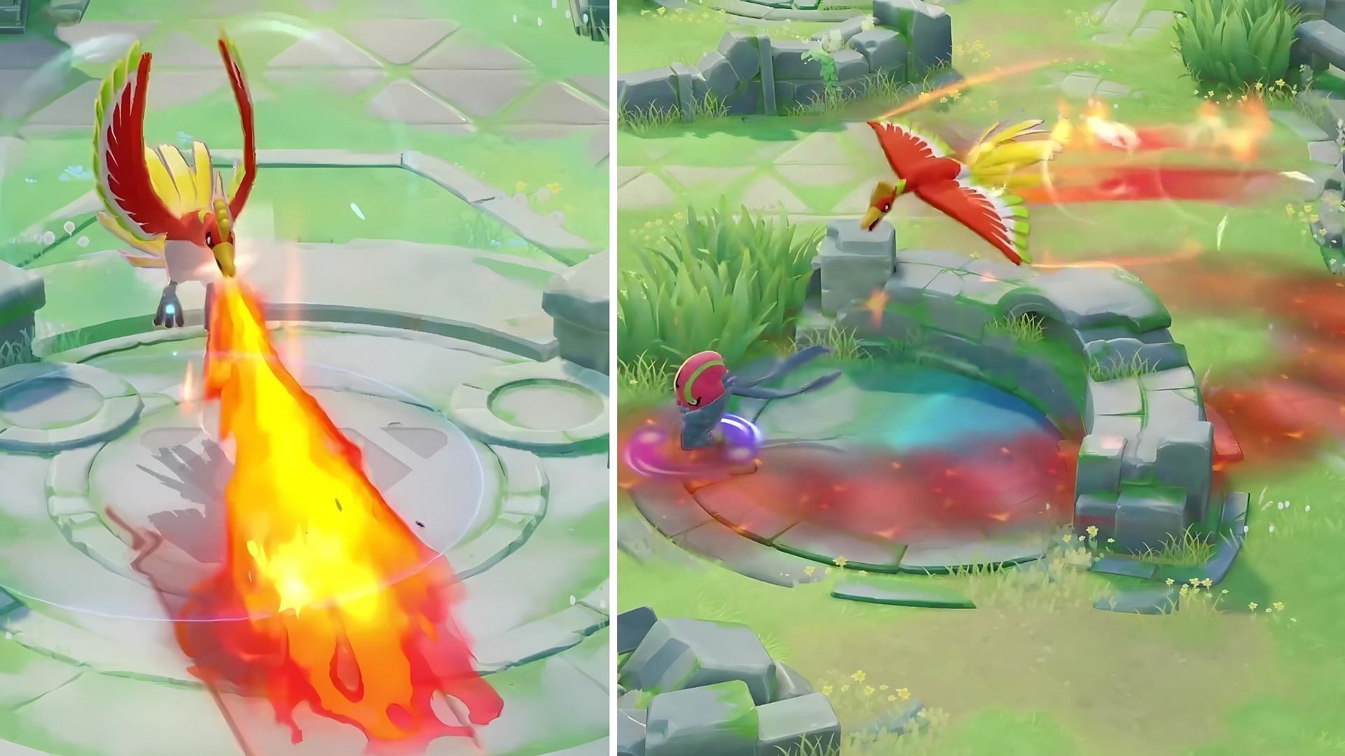 Ho-Oh using Flamethrower and Sky Attack (Image via The Pokemon Company)