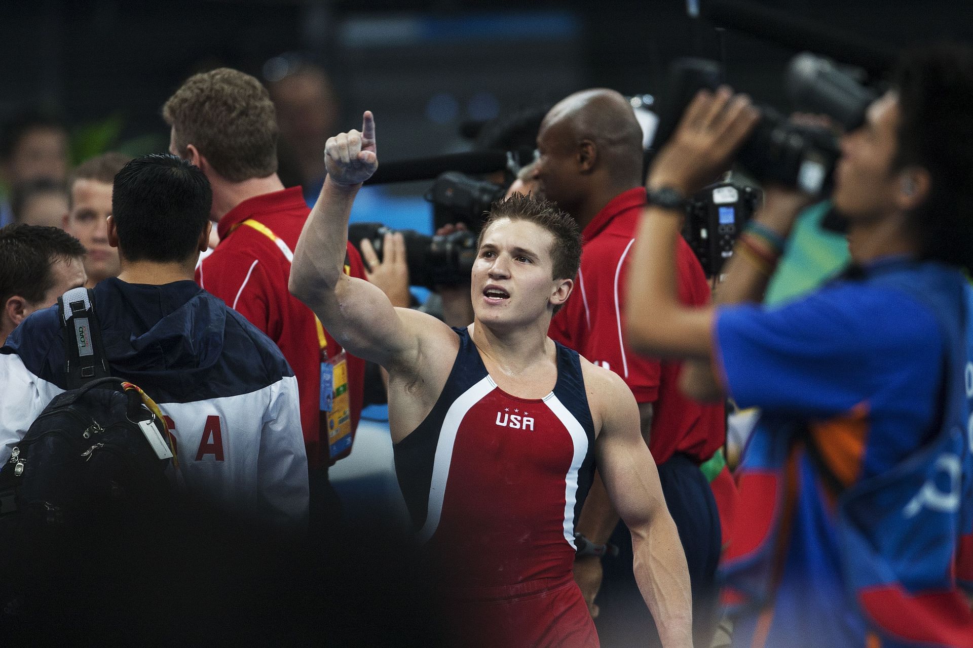 Jonathan Horton celebrates his bronze medals from the men&#039;s team final at the Beijing Olympics 2008. (Photo by Ian MacNicol/Getty Images)