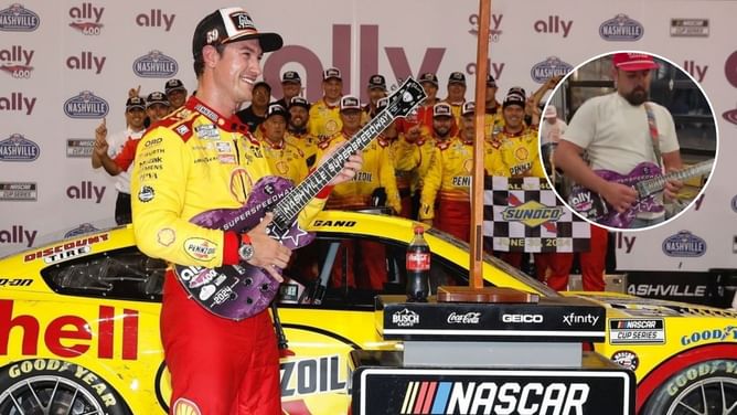 Joey Logano’s victory prize trophy from Nashville race used by a band in Team Penske’s Team Win party