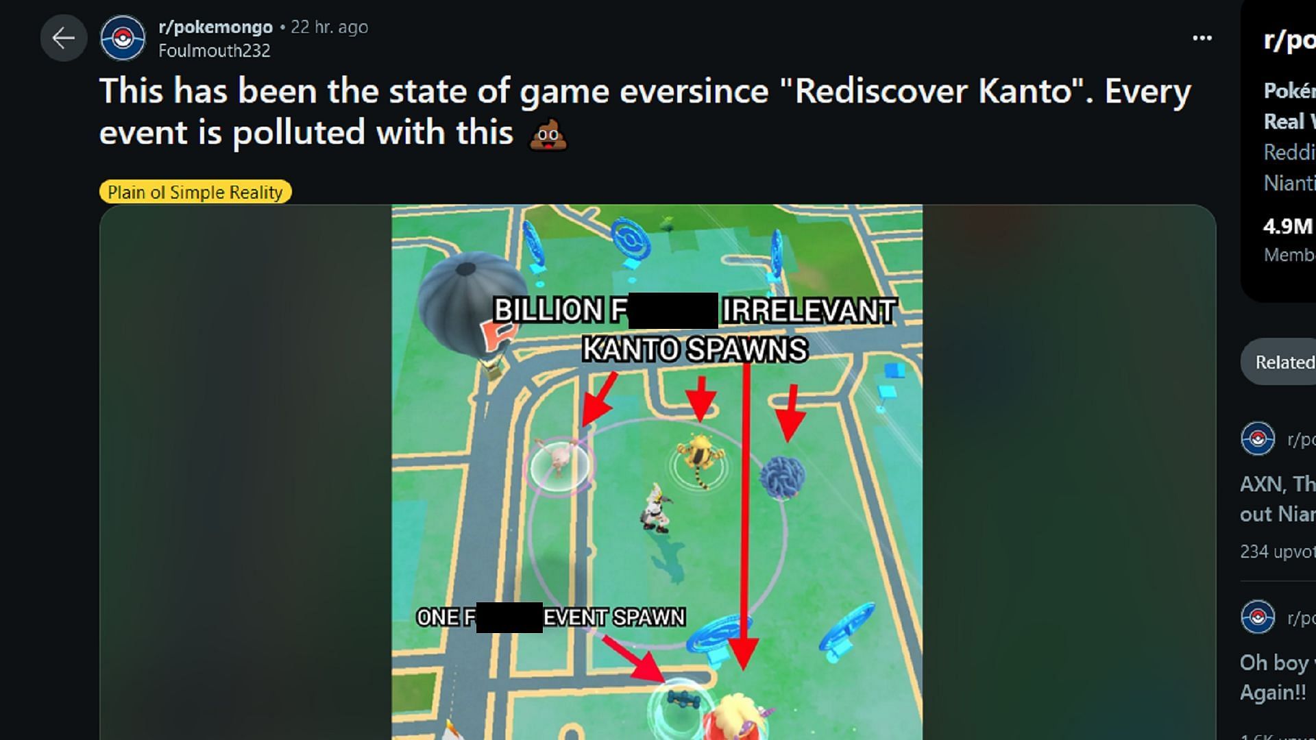 Foulmouth pointed out several Kanto region spawns while only receiving a few Strength of Steel spawns (Image via u/Foulmouth232/Reddit)