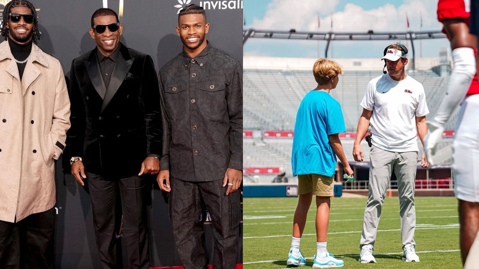 Colorado coach Deion Sanders and his sons Shilo and Shedeur, coach Lane Kiffin and son, Knox (IG handles)