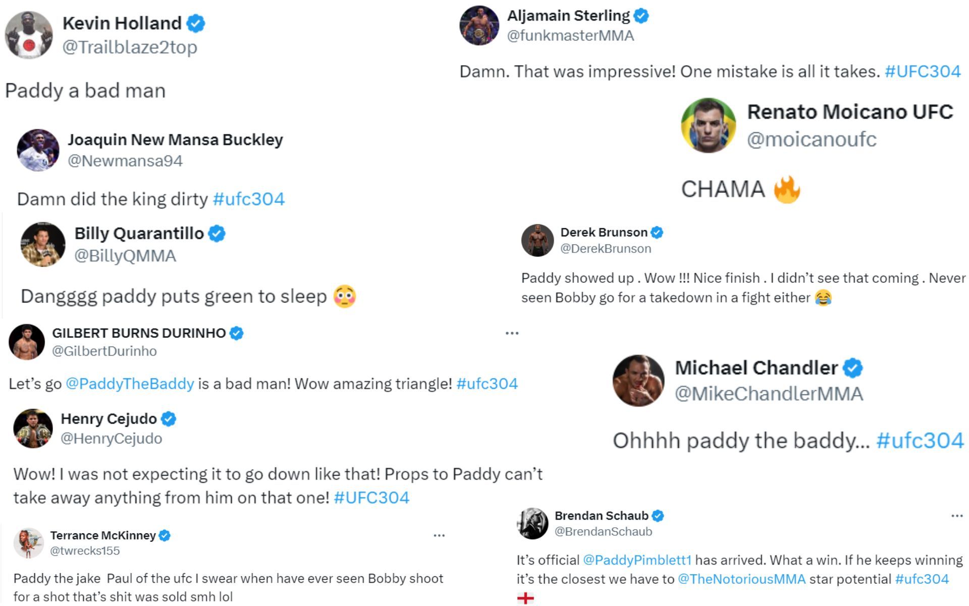 Screenshot of MMA fighters&#039; reactions to Paddy Pimblett&#039;s win at UFC 304