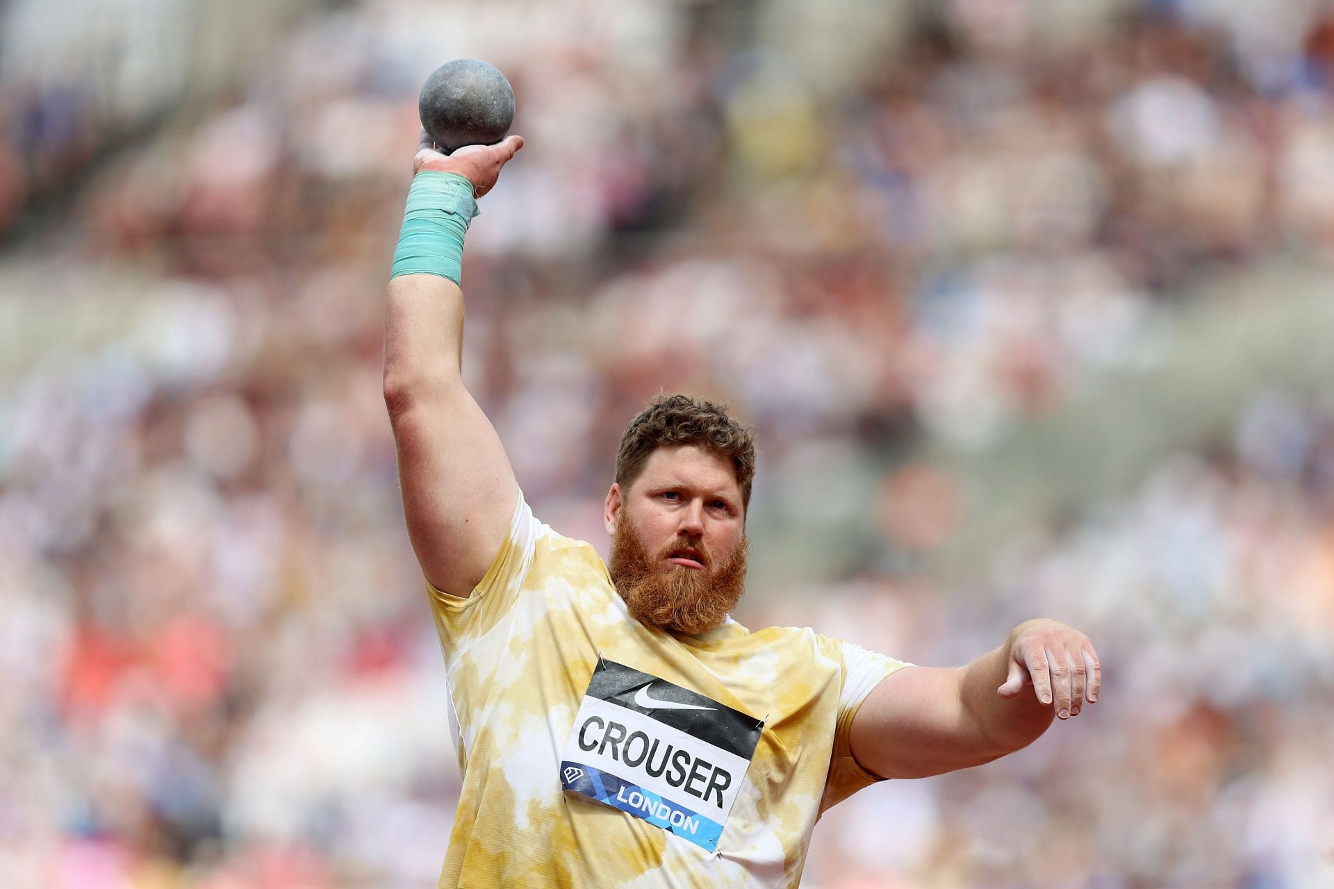 Ryan Crouser competes in the men&#039;s shot put during the 2024 Diamond League -London (Photo by Getty Images)