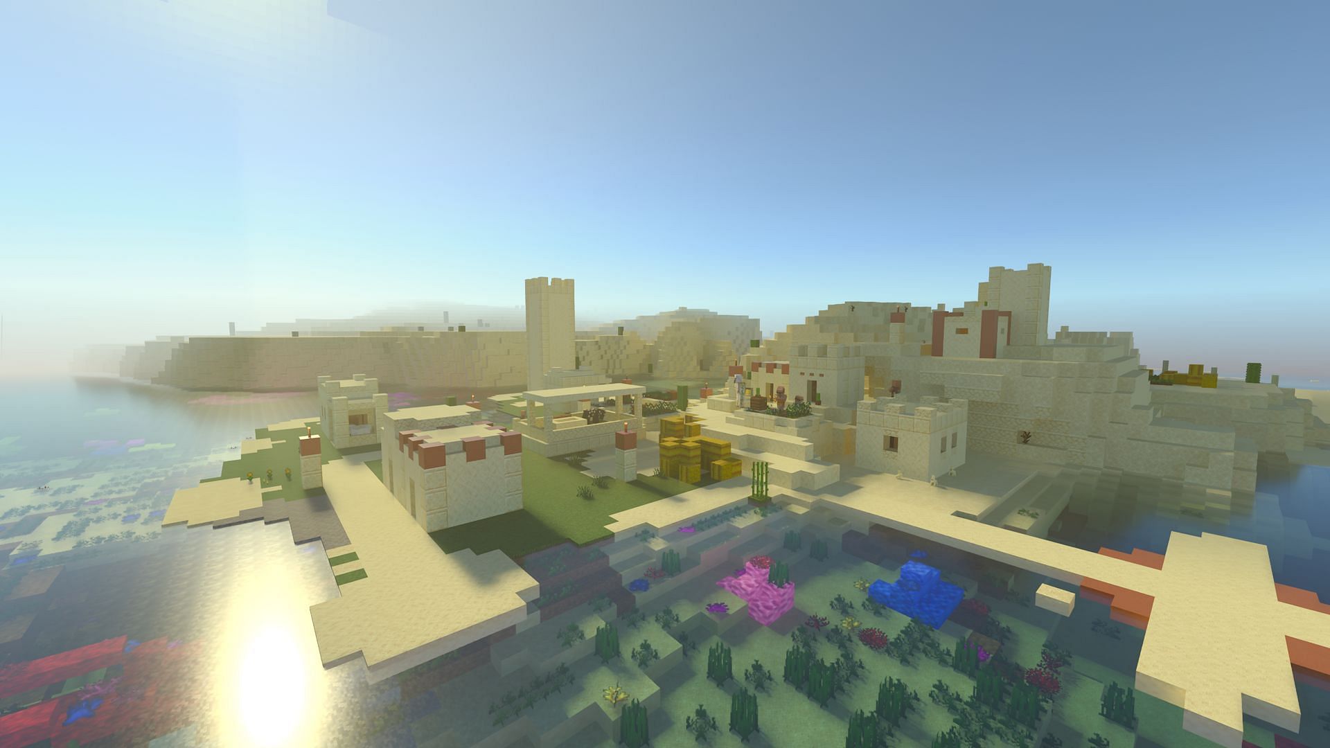 A coastal village seen using RTX (Image via Mojang)