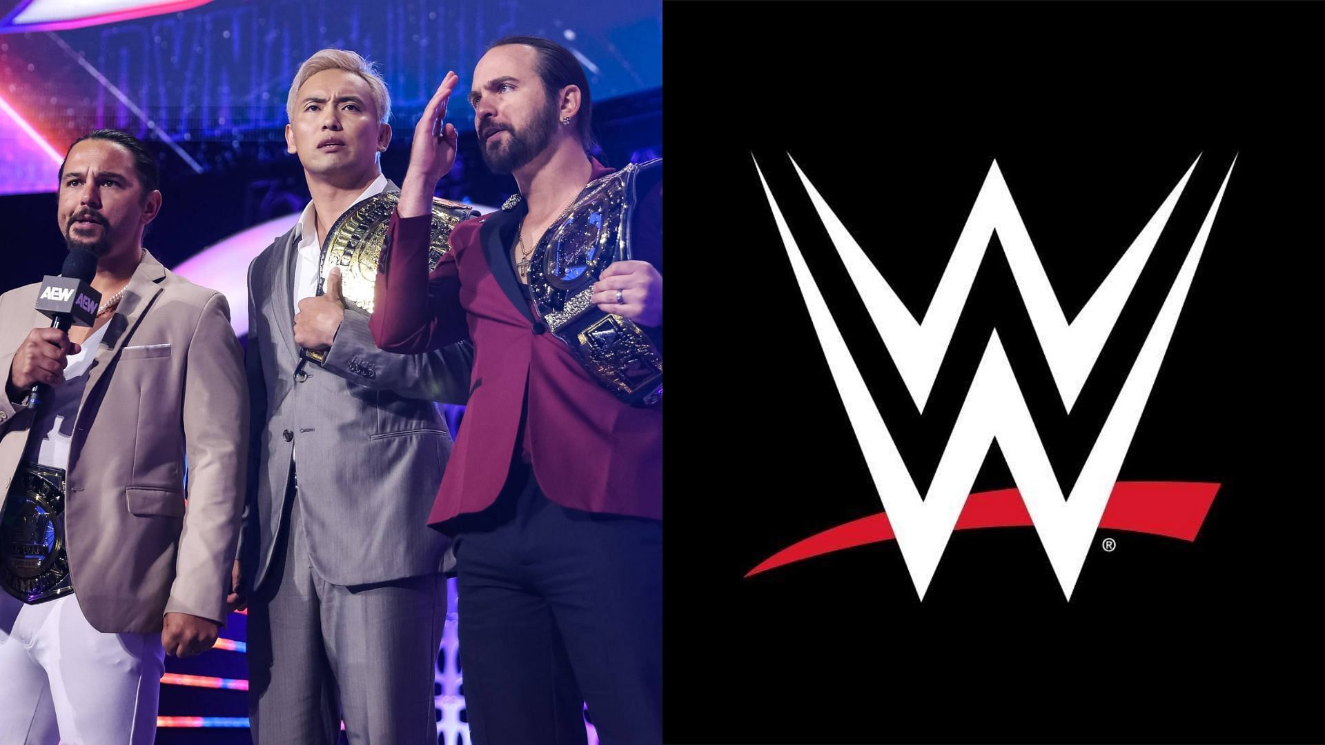 The Elite (left) and WWE logo (right). (Image credits: AEW Facebook page and WWE Facebook page)