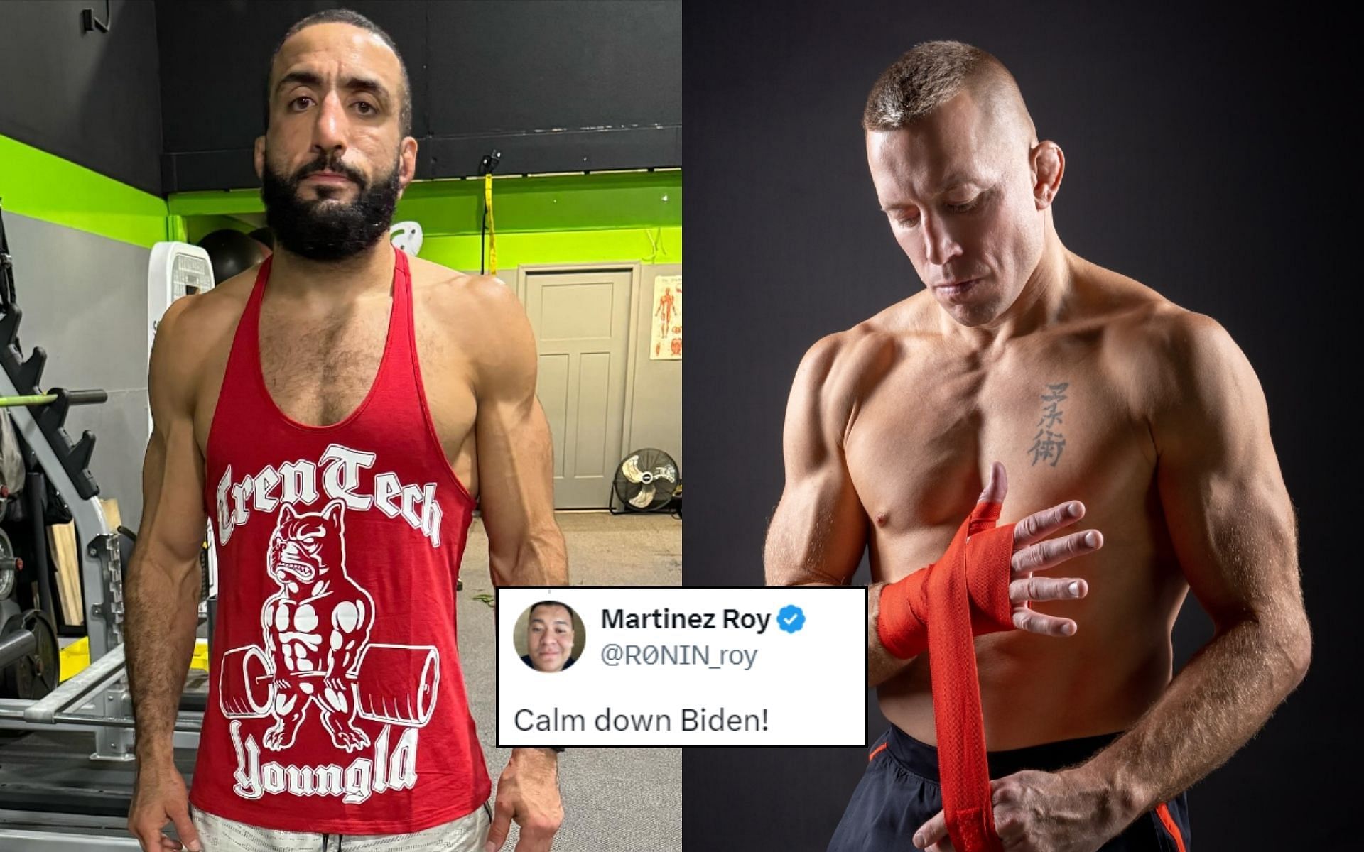 Fans react (insert) to Belal Muhammad (left) ranking himself just below Georges St-Pierre (right). [Image credit: @bullyb170, @georgesstpierre on Instagram, @R0NIN_roy on X]