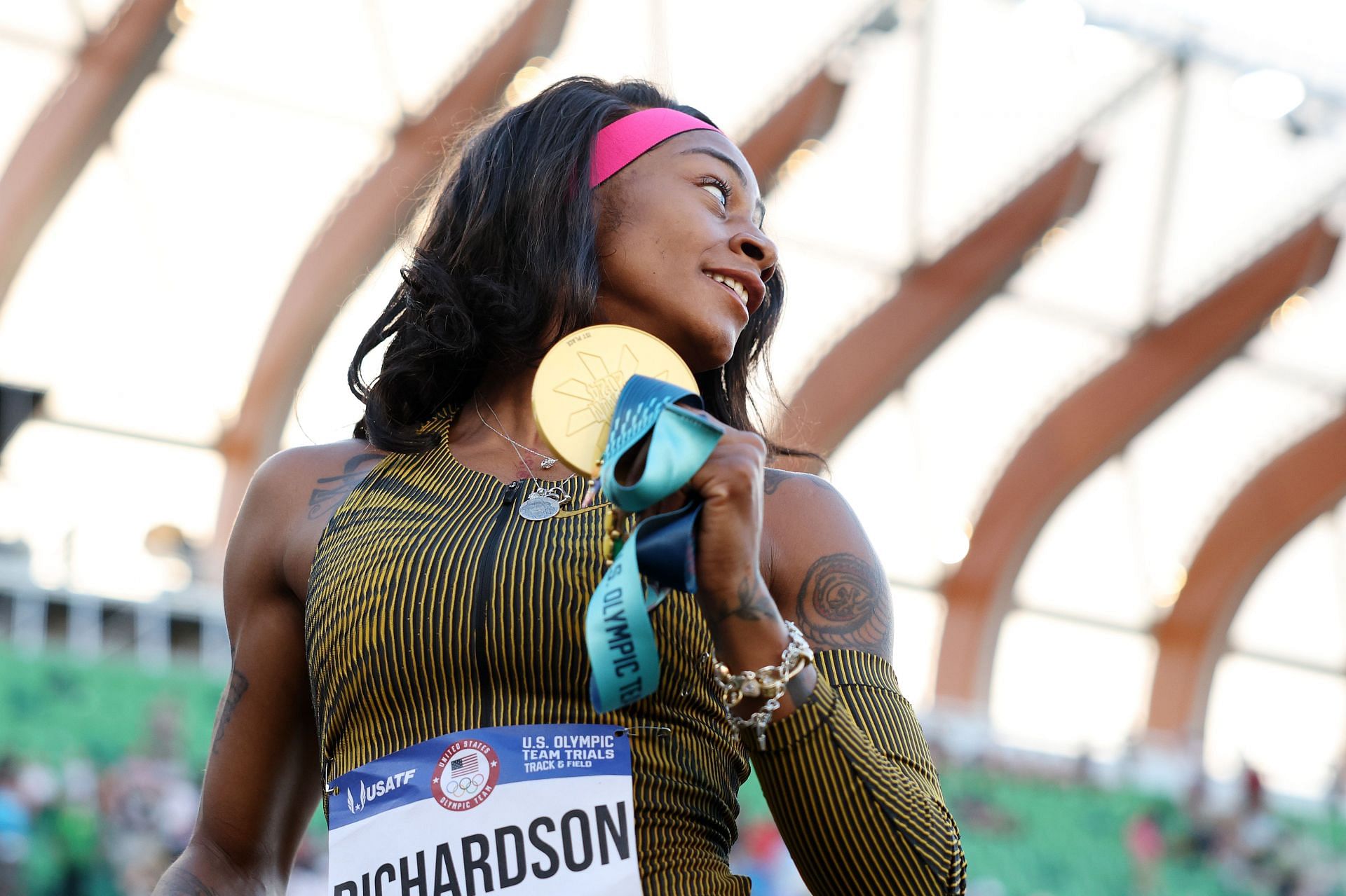 Sha&#039;Carri Richardson with her 100m gold medal at the US Olympic Trials