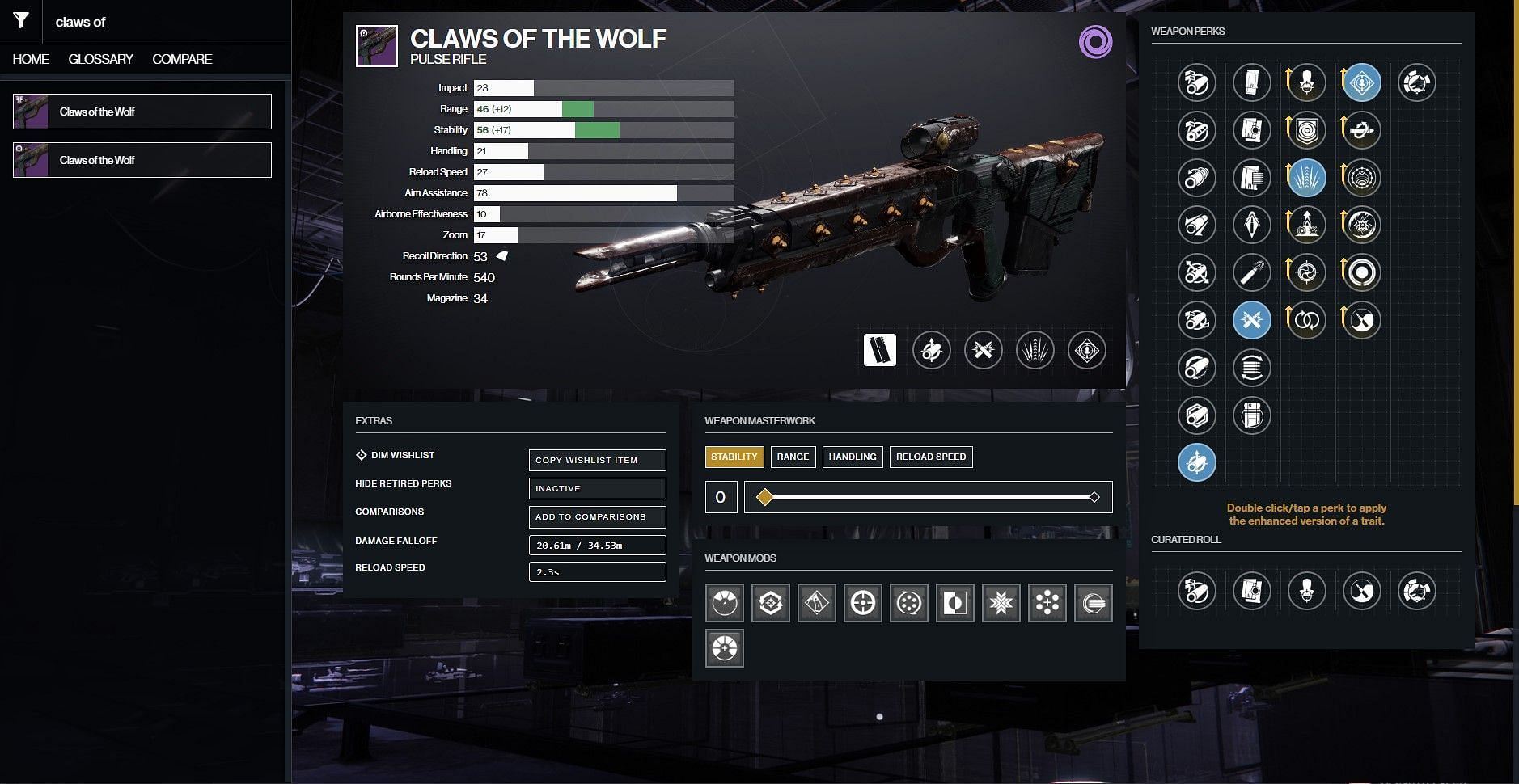 Claws of the Wolf PvP god roll in Destiny 2 (Image via D2Gunsmith)