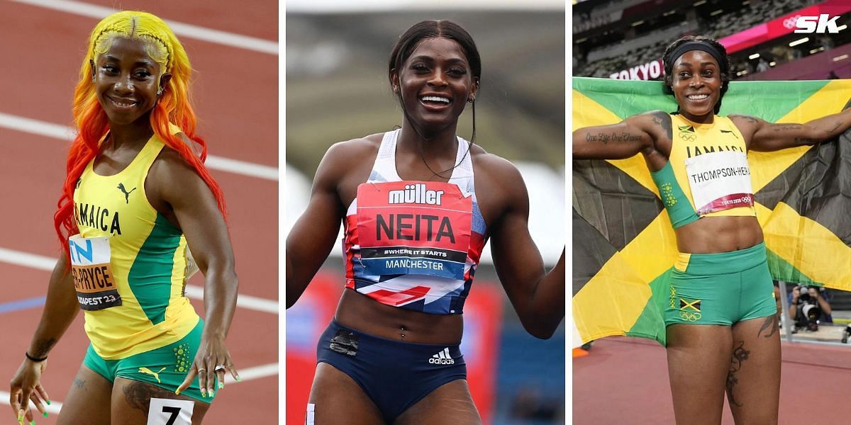 Daryll Neita (C) revealed that she was encouraged by messages from Shelly-Ann Fraser-Pryce (L) and Elaine Thompson-Herah (R). PHOTO: All from Getty