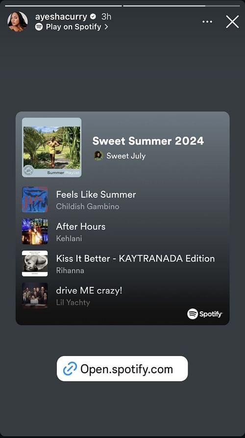 Steph Curry's wife Ayesha Curry shared the Sweet July playlist titled "Sweet Summer 2024"