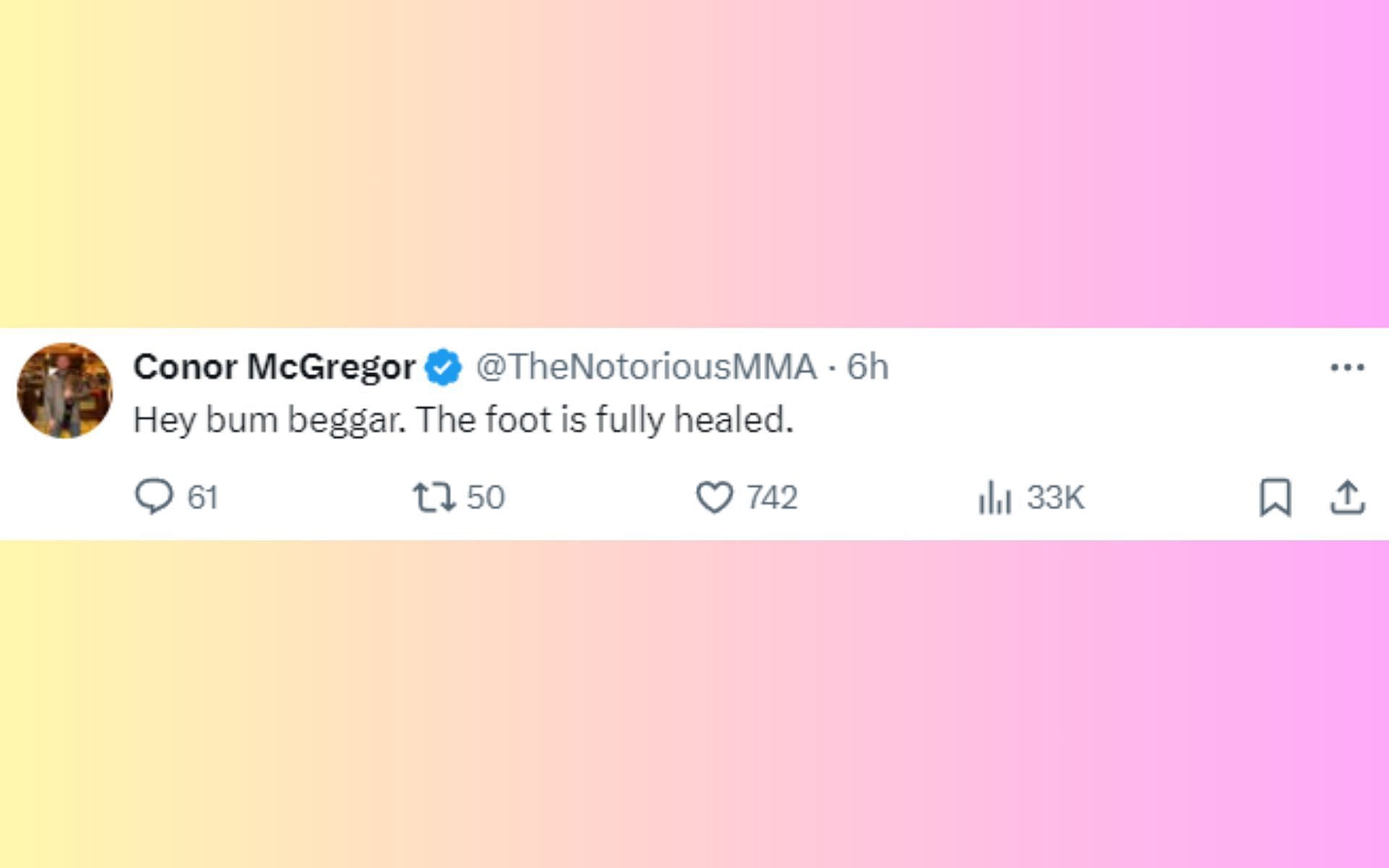 Conor McGregor gives injury update [via @thenotoriousmma on Twitter]